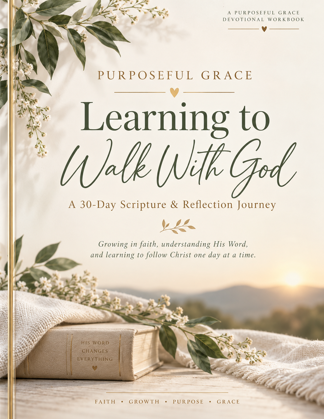 Purposeful Grace Learning to Walk With God devotional workbook cover, with olive branches and a Bible in warm morning light